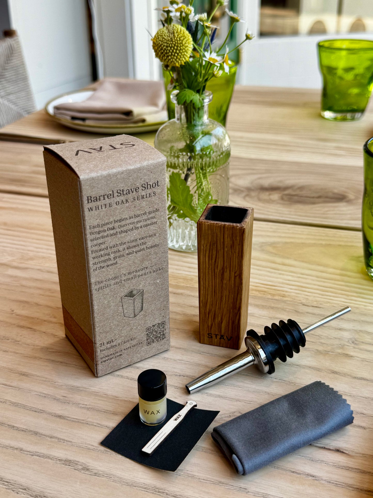 STĀV Cooper’s Gift Pack with Oregon oak shot glass, accessories, and product details shown on the back of the gift box