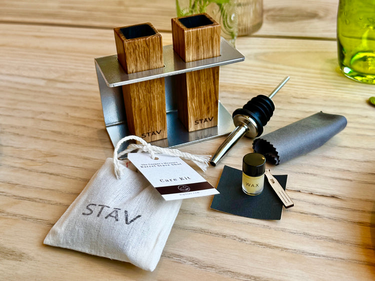 STĀV Workshop Set with two handcrafted Oregon oak shot glasses, metal display rack, care kit, and precision pouring spout